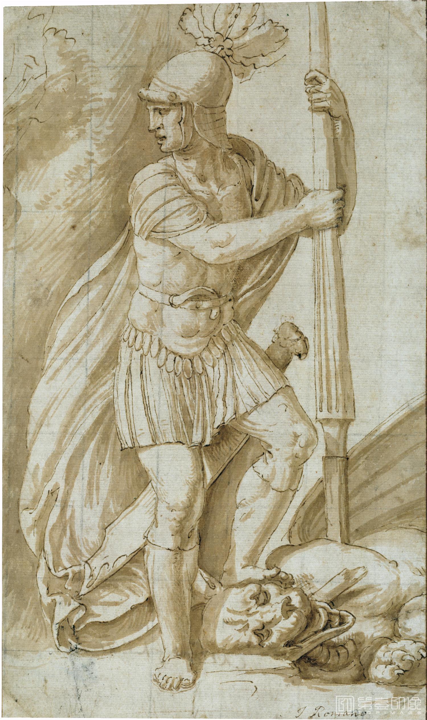 素描-西班牙普拉多美术馆素描藏画-Romano, Giulio-Guerrero con el pie sobre la cabeza de un monstruo-1571